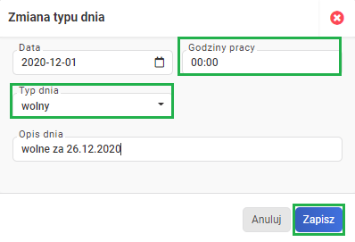 wprowadzanie dnia wolnego jak wypełnić okno dialogowe zmiana typu dnia