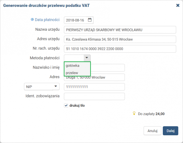 Druczek przelewu - forma płatności