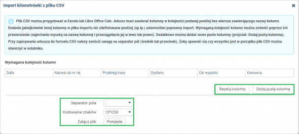 Import kilometrówki - uzupełnienie parametrów