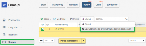 Upoważnienie do przetwarzania danych osobowych - panel kadry