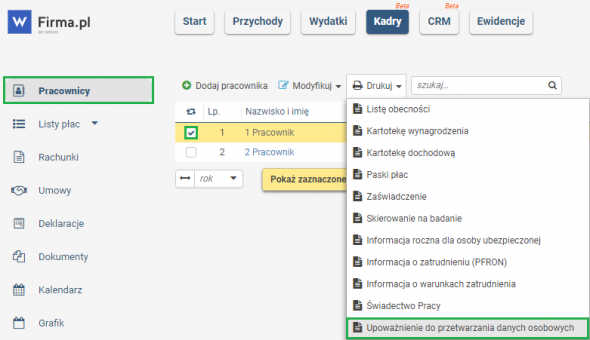 Upoważnienie do przetwarzania danych osobowych - drukowanie z listy pracowników