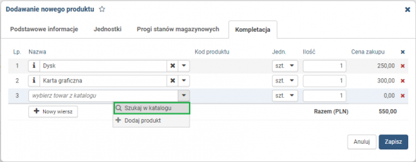 Dekompletacja produktów - dodawanie składników kompletu