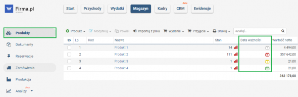 Daty ważności - informacja o zbliżającym się terminie ważności 