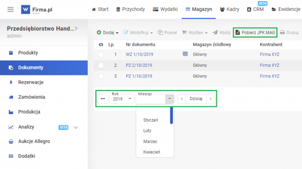 JPK MAG - generowanie w zakładce magazyn