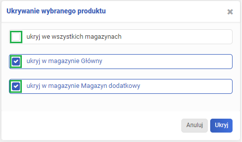 Ukrywanie produktów w wybranym magazynie