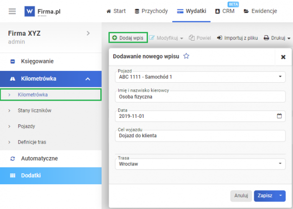 Kilometrówka pit u podatnika zwolnionego z vat - dodawanie wpisu