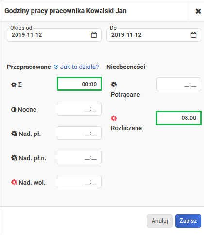 Wyznaczenie dnia wolnego - dodawanie nadgodzin