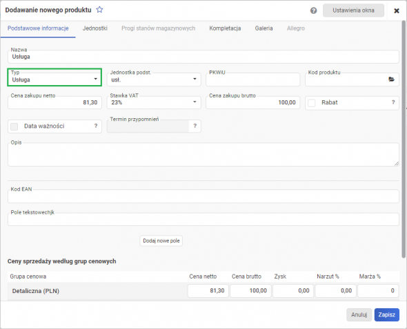 Dodawanie usługi - wypełnianie danych produktu