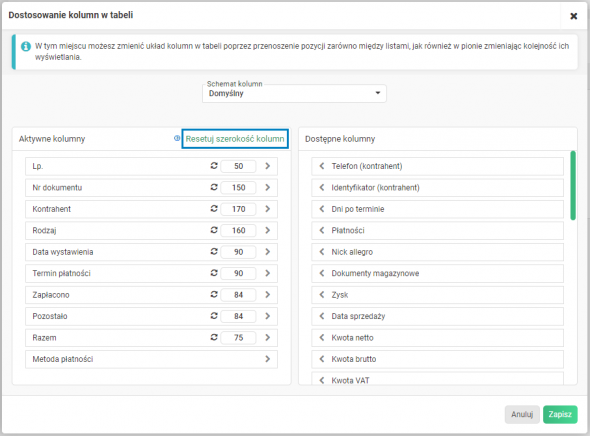 Definiowanie kolumn w tabeli - resetowanie szerokości kolumn