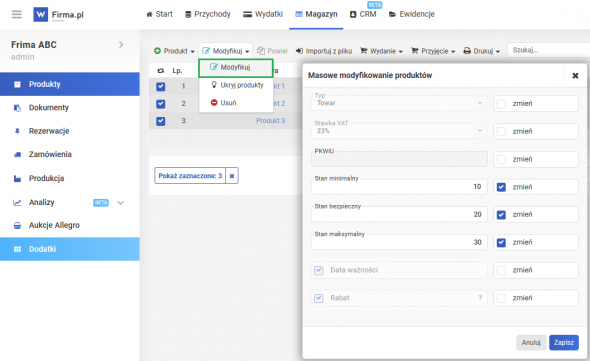 Dodawanie produktu - masowa zmiana