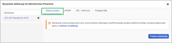 Wysyłka JPK VAT - zakładka własny podpis