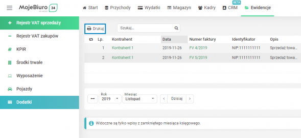 Dostęp klienta do KPiR i rejestrów VAT - drukowanie rejestru sprzedaży VAT