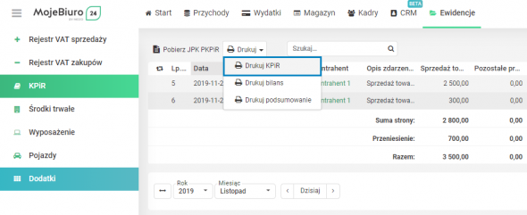 Dostęp klienta do KPiR i rejestrów VAT - drukowanie KPIR