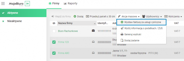 Wystawianie faktur za usługi cykliczne - akcje masowe
