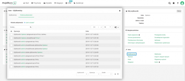 Historia aktywności w mojebiuro24.pl