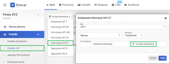 Korekta informacji VAT-27 - generowanie