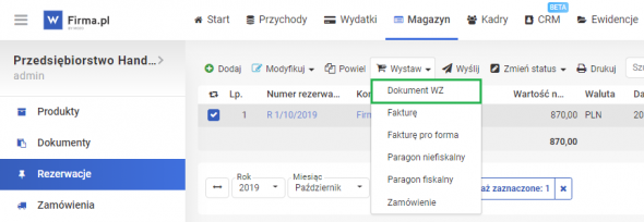 Rezerwacje produktów - wystawienie dokumentu WZ