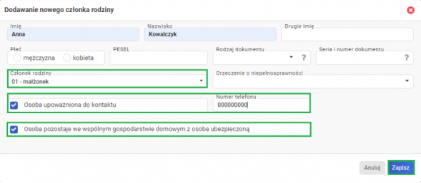 dodanie członka rodziny pracownika - uzupełnianie danych
