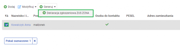 dodanie członka rodziny pracownika - generowanie ZCNA