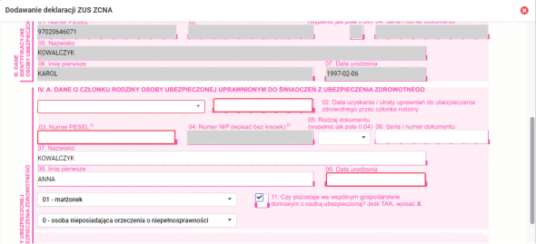 dodanie członka rodziny pracownika - ZUS ZCNA