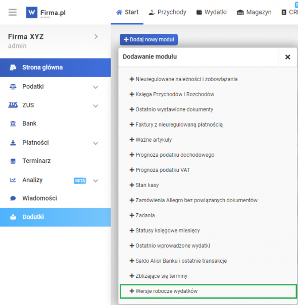 Wersje robocze wydatków - moduł informacyjny