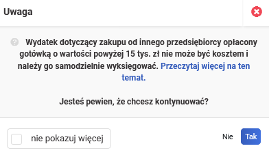 faktura zakupowa powyżej 15 000 zł zapłacona gotówką - komunikat systemowy