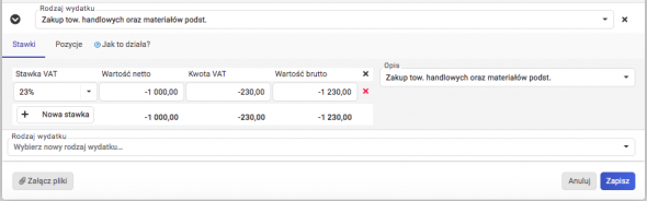 Księgowanie faktury korygującej wydatek - zakładka stawki