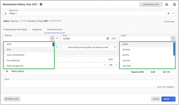 Faktura bez VAT - wybór języka i waluty