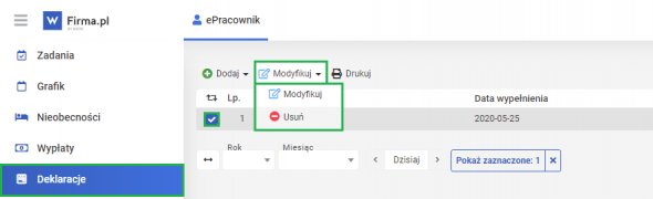 z-15a/b na panelu epracownik - modyfikacja i usuwanie