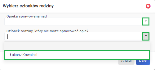 z-15a/b na panelu epracownik - wybór członka rodziny