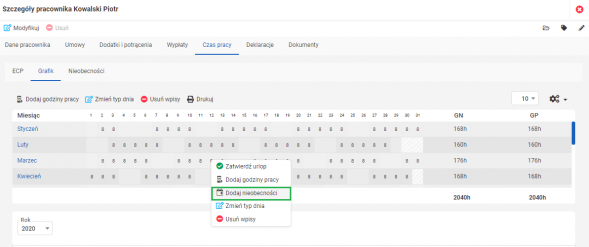 wprowadzanie nieobecności pracownika - grafik