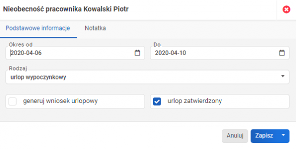 wprowadzanie nieobecności pracownika - widok dat