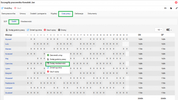 GRAFIK » kliknięcie prawym przyciskiem myszy na grafik » Dodaj nieobecności