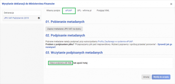 Wysyłka JPK V7 - załączanie pliku