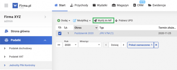 Wysyłka JPK V7 - wysyłka do MF