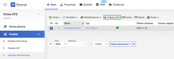 Wysyłka JPK V7 - UPO