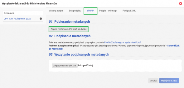 Wysyłka JPK V7 - ePUAP