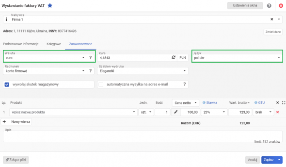 Faktura sprzedaży dla zagranicznego kontrahenta - wybór języka