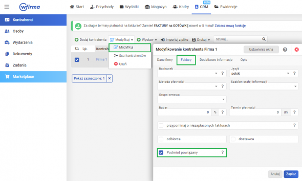 Podmiot powiązany - modyfikowanie kontrahenta