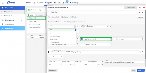 Import usług z UE - wprowadzenie danych do faktury