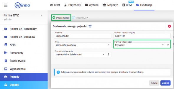 Dodawanie pojazdu do systemu -  wprowadzanie pojazdu poprzez zakładkę wydatki