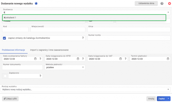 Księgowanie wydatków - wybieranie kontrahenta
