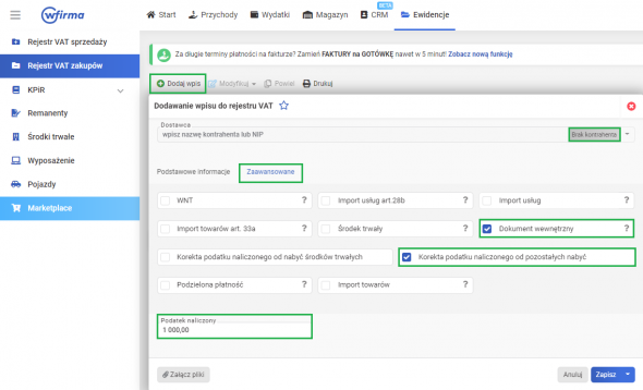 Korekta podatku naliczonego od pozostałych nabyć - dodawanie wpisu