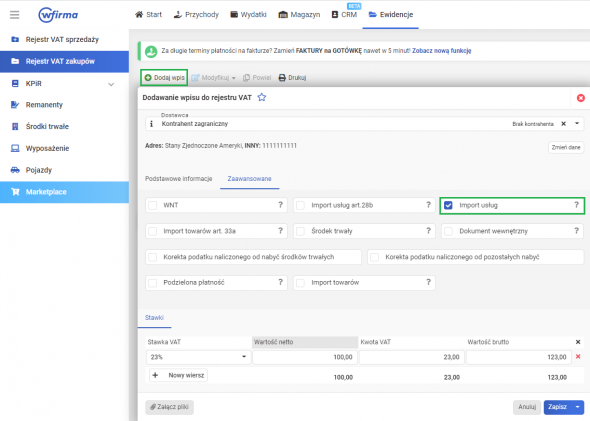 Import usług spoza Unii Europejskiej - wpis do rejestru VAT