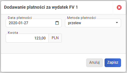 Płatności - dodawanie płatności za koszt
