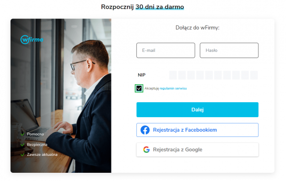 Zakładanie konta w wFirma.pl