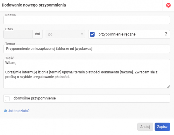 przypomnienie o braku płatności-dodawanie nowego