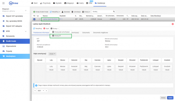 Zakup środków trwałych-  jak przebiega drukowanie dokumentu OT