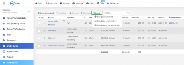 Ewidencja środków trwałych - drukowanie