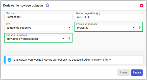 Zmiany w rozliczeniach samochodów - dodawanie pojazdu prywatnego